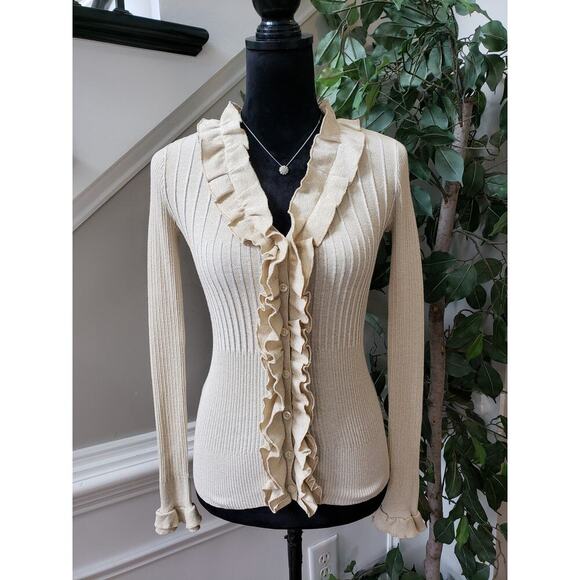 Harold's Cardigan Sweater Women Small Tan Ribbed Ruffle Trim V Neck Button Front - Picture 1 of 11
